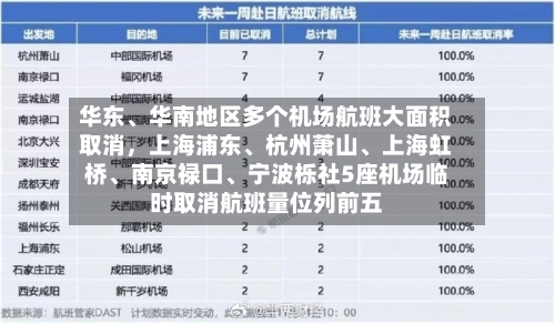 华东、华南地区多个机场航班大面积取消，上海浦东	、杭州萧山、上海虹桥、南京禄口、宁波栎社5座机场临时取消航班量位列前五-第3张图片